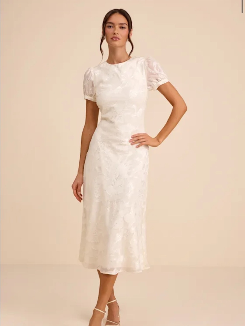 Lulu's Ivory Floral Jacquard Midi Dress with Puff Sleeves